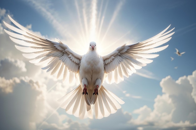Foto della colomba bianca che si libra nel cielo con le ali spiegate e simboleggiano i luminosi raggi di luce