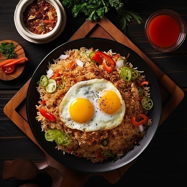 Foto della deliziosa e gustosa vista dall'alto del piatto nasi goreng