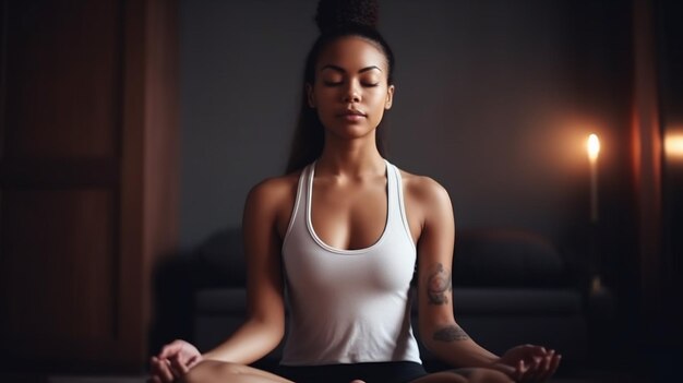 foto della donna che pratica yoga a casa