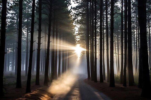 Foto della foresta di pini nebbiosi nel pino del mattino presto