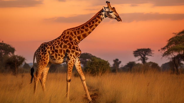 Foto della giraffa sulla savana al tramonto