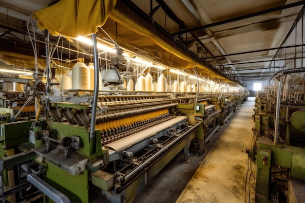 foto della linea di produzione all'interno della fabbrica tessile vista Fotografia AI Generato