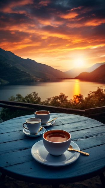 Foto della natura mattutina con una tazza di tè o caffè con bellissimi fiori e sole