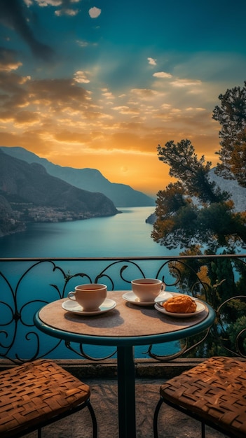 Foto della natura mattutina con una tazza di tè o caffè con bellissimi fiori e sole
