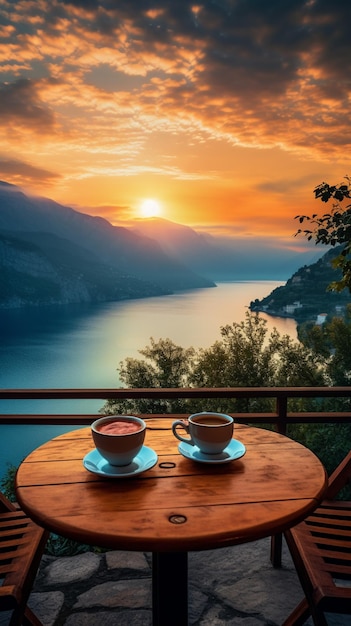 Foto della natura mattutina con una tazza di tè o caffè con bellissimi fiori e sole