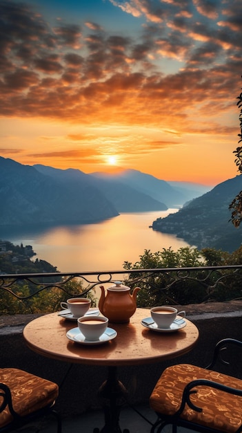 Foto della natura mattutina con una tazza di tè o caffè con bellissimi fiori e sole