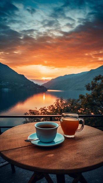 Foto della natura mattutina con una tazza di tè o caffè con bellissimi fiori e sole