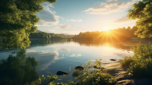 Foto della natura mattutina con vista lago sole fiori foresta tè e caffè