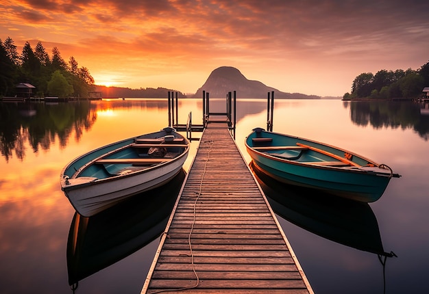 Foto della natura vista lago mattutina con barca