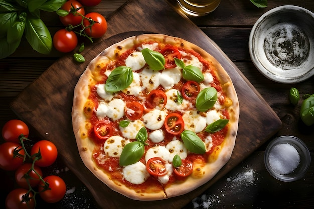 Foto della pizza su tavola di legno e vista dall'alto del tavolo