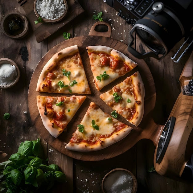 Foto della pizza su tavola di legno e vista dall'alto del tavolo