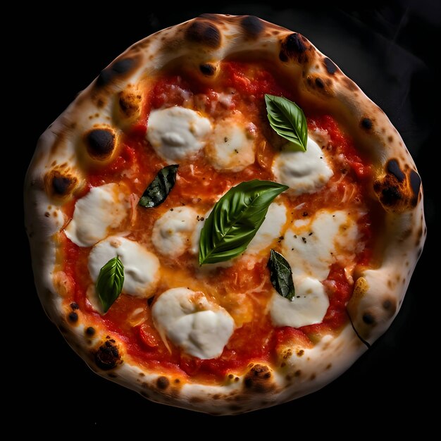 Foto della pizza su tavola di legno e vista dall'alto del tavolo