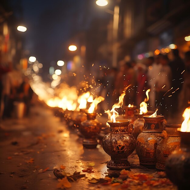 Foto della processione di Lohri con persone che portano vasi decorativi pieni Lohri India Festival Concept