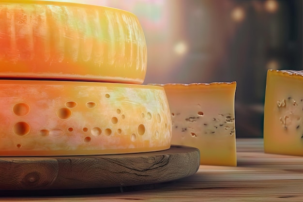 Foto della ruota di formaggio con pezzi di formaggio sul tavolo