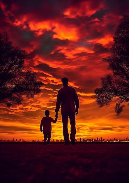 Foto della silhouette di un padre e di un figlio che camminano mano nella mano su uno sfondo del tramonto AI