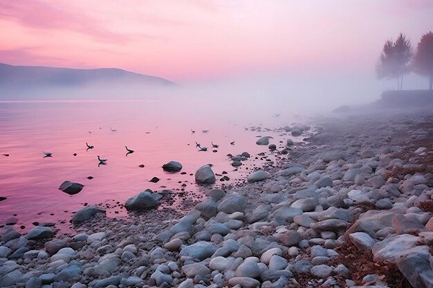 Foto della spiaggia nebbiosa all'alba