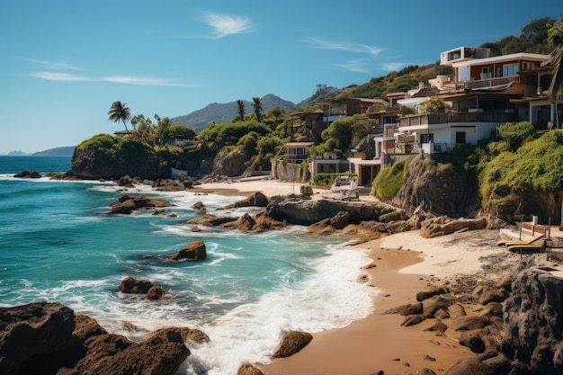 foto della spiaggia panoramica nella regione messicana di valarta con la spiaggia dell'oceano e le case costiere