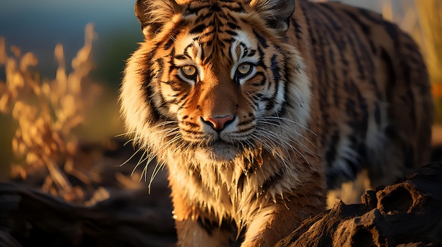 Foto della tigre sulla savana al tramonto