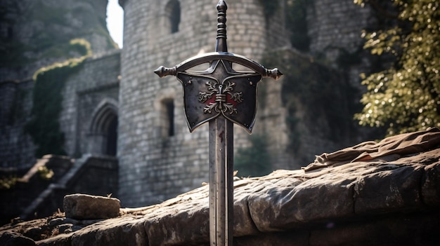 Foto della vecchia spada e dello scudo sullo sfondo del castello