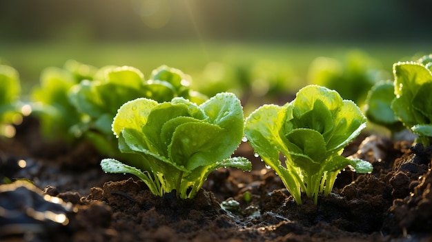 Foto della verdura verde piantata nella terra ai generativa