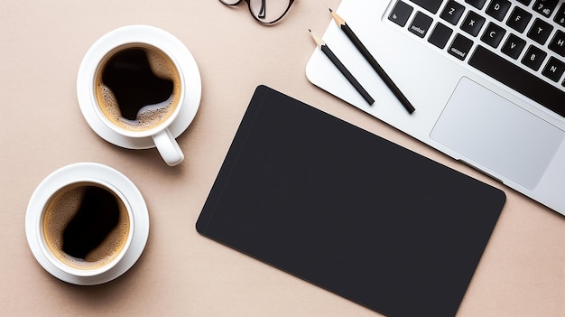 Foto della vista dall'alto del tavolo dell'ufficio con la tazza di caffè del computer portatile e lo smartphone