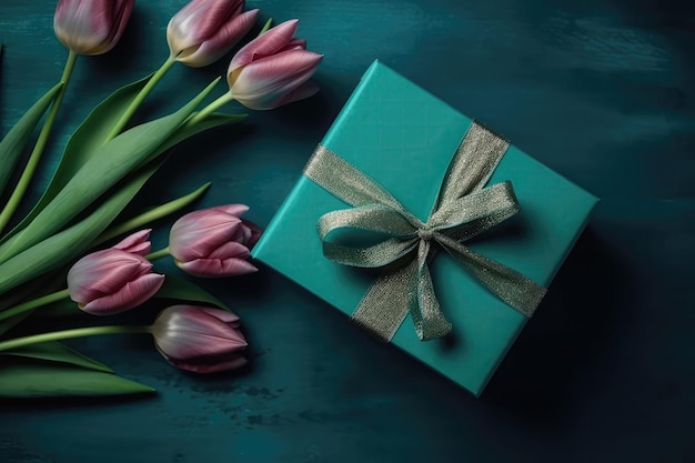 Foto della vista dall'alto dello spazio copia e della tranquilla confezione regalo turchese con fiocco di nastro sul lato e bouquet di tulipani verdi con sfondo turchese copypaste Generative AI
