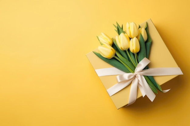 Foto della vista dall'alto dello spazio di copia e della confezione regalo gialla vibrante con fiocco di nastro sul lato e bouquet di tulipani bianchi con sfondo giallo copia incolla Generative AI