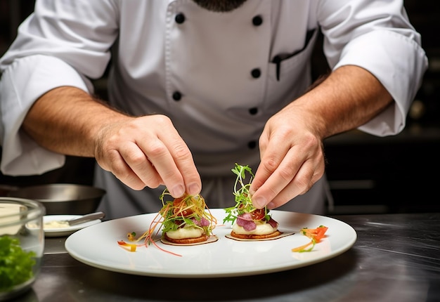 Foto dello chef che guarnisce e decora il cibo del ristorante in cucina