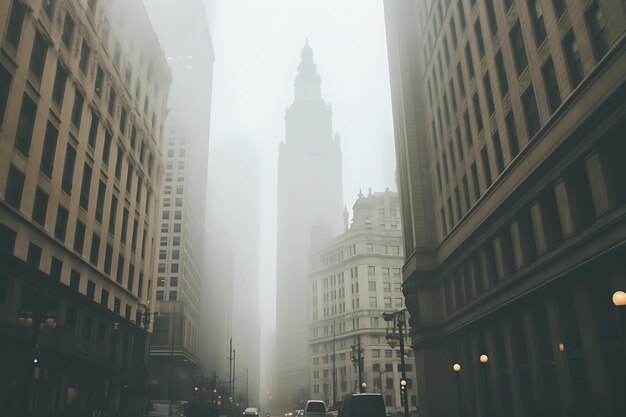 Foto dello skyline urbano nebbioso con grattacieli