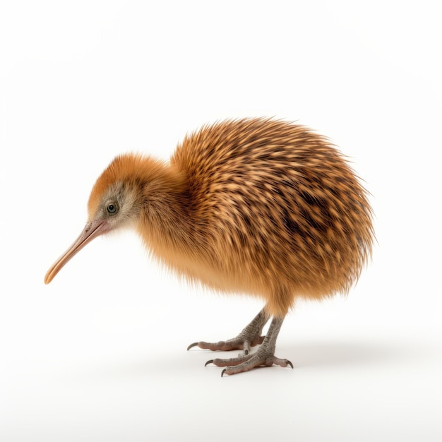 Foto dettagliata di 8k di un piccolo kiwi marrone su sfondo bianco