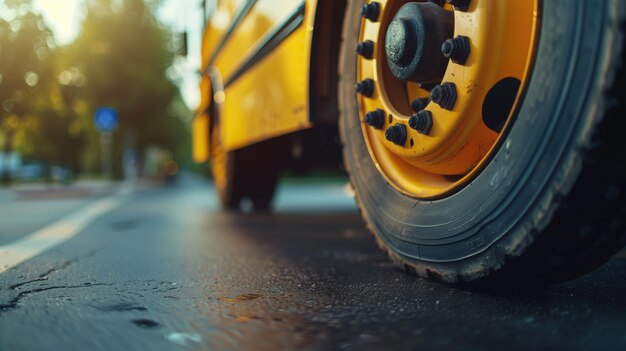 Foto dettagliata di una ruota gialla dell'autobus scolastico che enfatizza i viaggi educativi