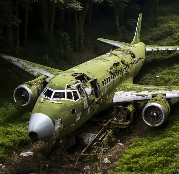 Foto di aerei abbandonati nella foresta Ai generato