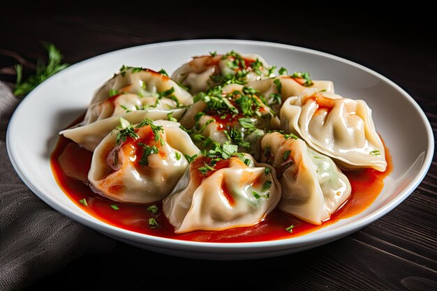 Foto di alta qualità dei gnocchi Khinkali georgiani con verdure di carne e salsa piccante di pomodoro Satsebeli