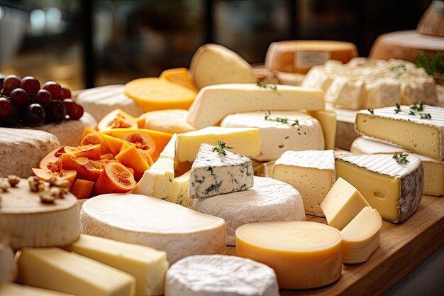 Foto di alta qualità di un'ampia varietà di formaggi in un mercato agricolo locale