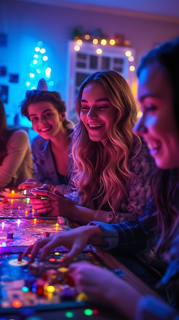 Foto di amici che fanno una serata di giochi in un sobborgo americano Living Ro Festival Holiday Concept