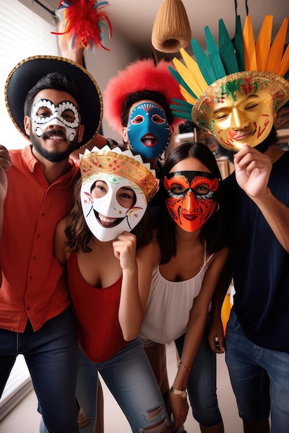 Foto di amici che indossano sombrero e maschere ad una festa creata con l'AI generativa