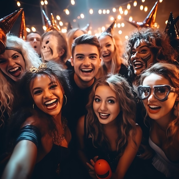 Foto di amici con costumi di Halloween che si fanno selfie durante una festa di Halloween