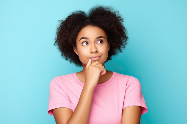 Foto di ammirare la giovane bella ragazza afroamericana con i capelli castani, indossare un raccolto rosa, toccare il mento con le dita, i sogni sembrano novità isolati su sfondo di colore ciano