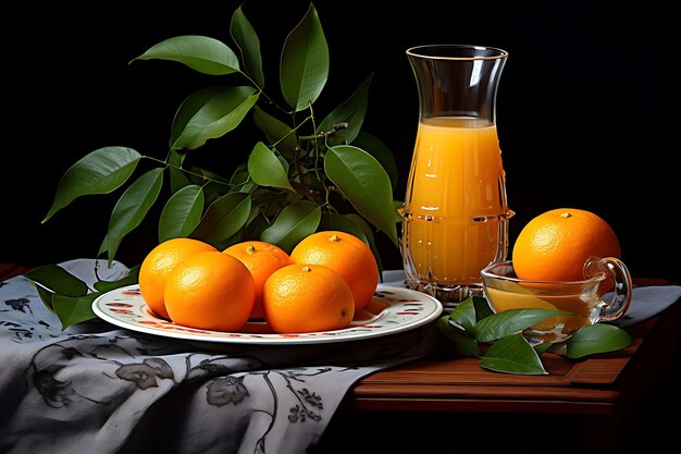 Foto di arance e un bicchiere di succo su un vassoio da servizio