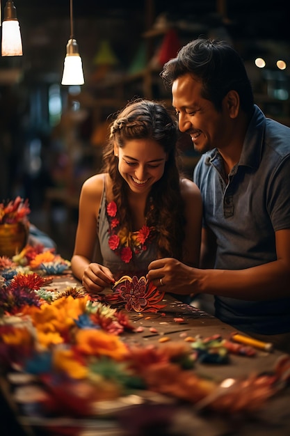 Foto di artigiani colombiani che creano intricati ornamenti fatti a mano che danno vita a una Colombia festosa