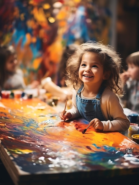 Foto di bambini che disegnano su una tela gigante Vibrante ed espressiva Idea concettuale del giorno della coeducazione