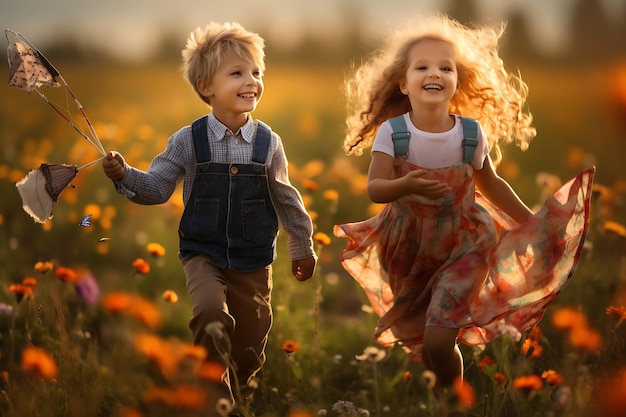 Foto di bambini che fanno volare gli aquiloni in un campo di fiori selvatici