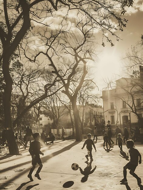 Foto di bambini che giocano a calcio in un vivace quartiere argentino Attività familiari Occupazione Cura