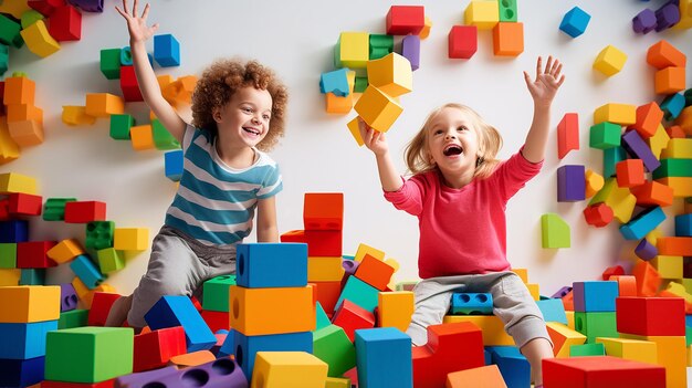 Foto di bambini che giocano con i mattoncini da costruzione