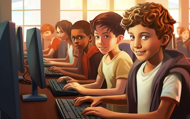 Foto di bambini che imparano il computer in classe