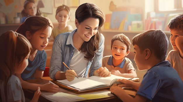 Foto di bambini che imparano in classe con l'insegnante