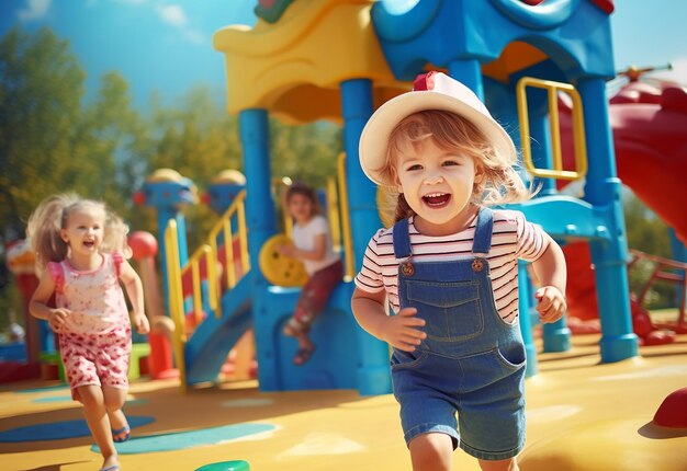 Foto di bambini che si divertono bambini che giocano nel parco giochi all'aperto