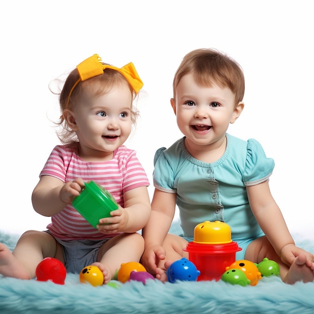 Foto di bambini felici che giocano con blocchi e giocattoli
