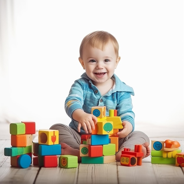 Foto di bambini felici che giocano con blocchi e giocattoli