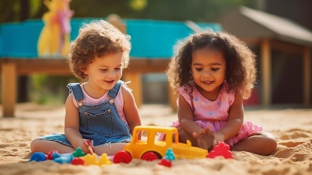 Foto di bambini felici che giocano con blocchi e giocattoli